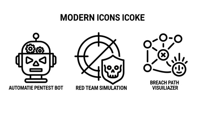 Modern cybersecurity icons set including automated pentest bot red team simulation and breach path visualizer with cybersecurity simulation visualizer security artificial intelligence protection