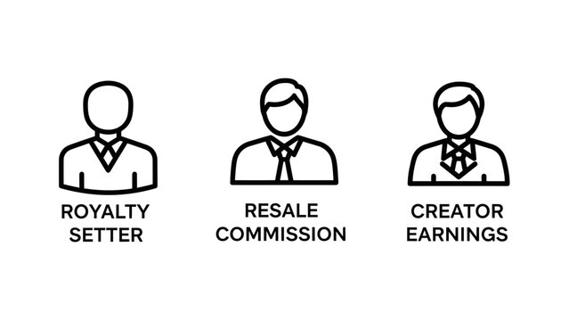 Professional finance and rewards icons: royalty setter resale commission creator earnings with commission earnings business management professional incentive commerce administration investment