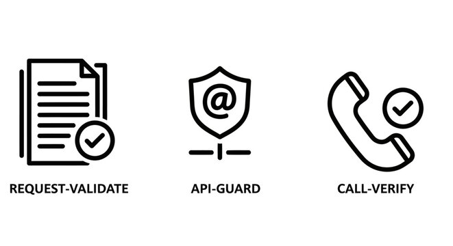 Digital security icons set featuring request validation api guard and call verification symbols for tech development security validation verification technology protection internet communicatio