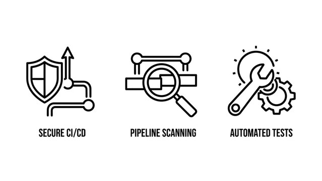 Dev ops process icons set secure ci cd pipeline scanning and automated testing workflow symbols with pipeline scanning automated security workflow software development integration deployment