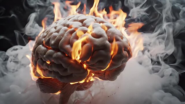 Burning Brain with Swirling Smoke - A hyperrealistic human brain is engulfed in flames and surrounded by swirling white smoke. The intense heat and chaos create a dramatic and symbolic visual.