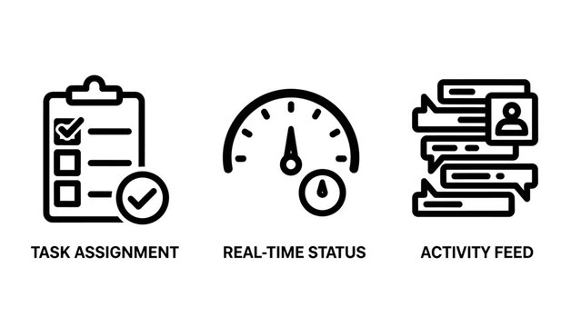 Project management icons illustrating task assignment real-time status and activity feeds with activity management assignment checklist speedometer notification workflow planning productivity