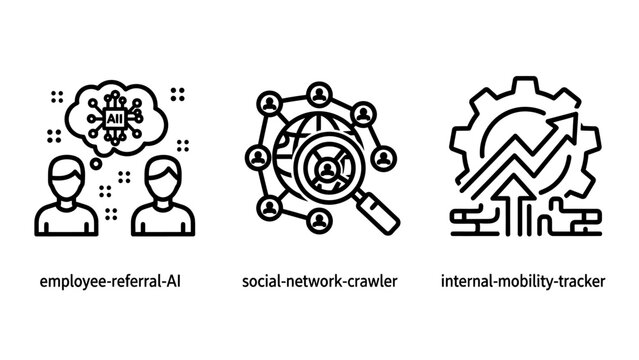 Set of corporate hr and monitoring icons including employee referral social network crawler internal mobility tracker resources management recruitment networking analytics tracking