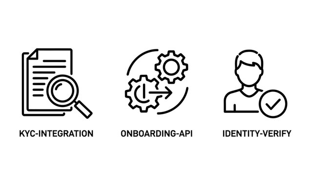 Digital kyc integration onboarding and identity verification icons set with check mark onboarding identity verification integration security validation business compliance authentication
