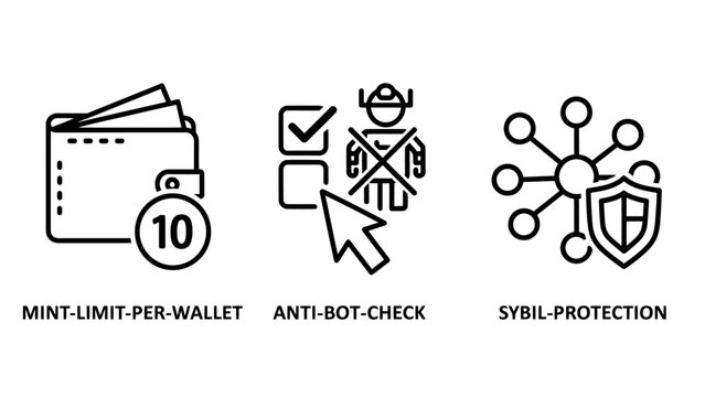 Cryptocurrency wallet minting and security line icons featuring mint limit anti-bot check sybil protection cryptocurrency security protection blockchain verification transfer transaction