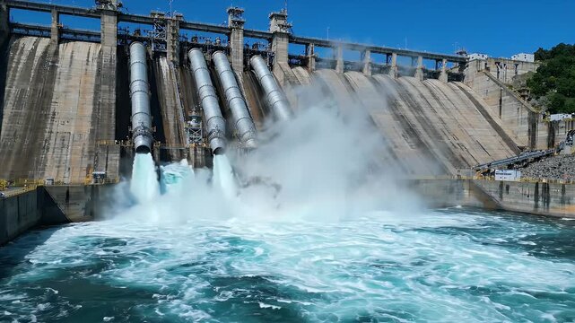 Hydroelectric Dam Releasing Clean Blue Water Through Massive Pipes - A powerful hydroelectric dam releases a torrent of clean blue water through its large metal pipes, creating a dramatic spray and
