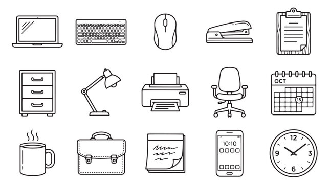Office icons, business symbols, workspace graphics, 16 line icons