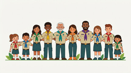 Obraz premium A diverse multi-generational group of cheerful children and adult leaders, united in outdoor activity uniforms, symbolizing community, mentorship, and the spirit of youth development and teamwork