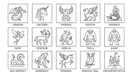 Fototapeta premium Mythical creatures icons, fantasy animal set, 15 illustrations, black and white vector graphics