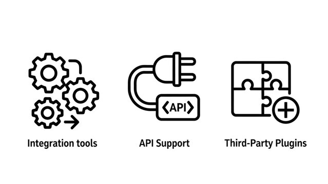 Digital integration tools api support and third party plugins software development icon set with add on integration software development connectivity programming extension technology interface