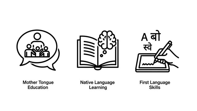 Mother tongue education native language learning and first language skills educational icons with education language learning literacy teaching communication knowledge training development