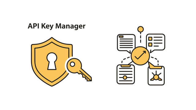 Api key manager and data management icons featuring a security shield key verified document verification process security authentication verification documents checklist protection