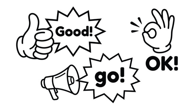 A set of black and white vector graphic hand gestures showing positive signs and symbols