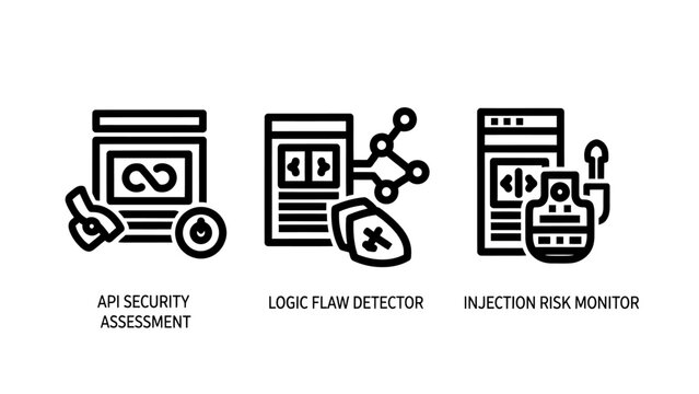 Api security assessment and data risk monitoring icons with web development security assessment cybersecurity software protection technology development management interface optimization