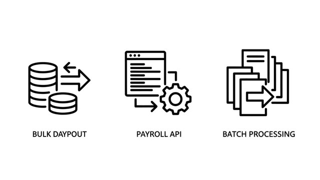 Bulk payout and payroll api batch processing icons with money management processing transfer business automation transactions software accounting operations development management services