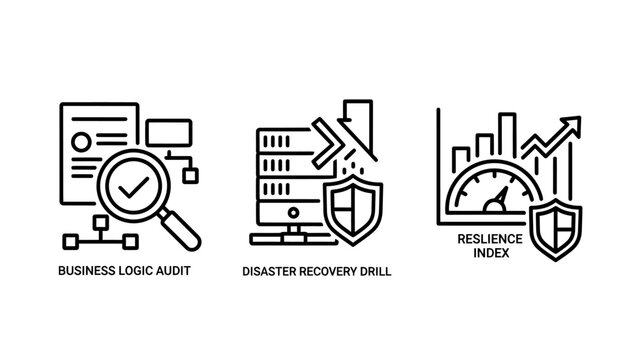 Business logic audit disaster recovery plan resilience metrics icon set with disaster recovery resilience business security compliance analysis performance protection monitoring management