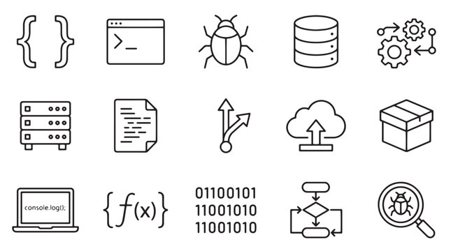 Coding, web development, software engineering icons, 13 line icons, technology symbols