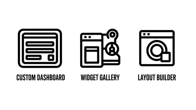 Set of UI development icons representing custom dashboard widget gallery and layout builder dashboard interface development software application framework structure programming settings