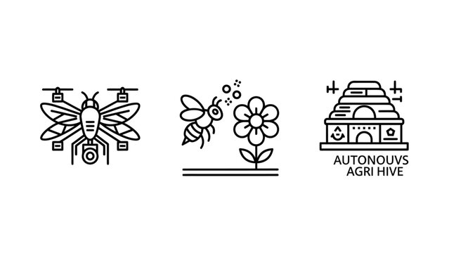 Agricultural drone bee and autonomous agrihive technology icons with agrihive agriculture autonomous technology pollination innovation environment robotics automation sustainability research