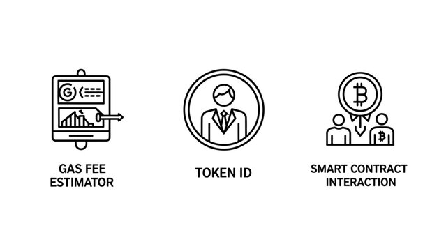 Blockchain technology line icons set featuring gas fee estimation tools digital token identification smart contract interaction symbols blockchain cryptocurrency contract estimator business