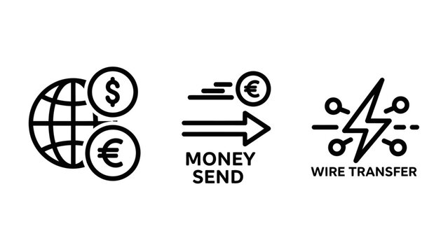 International wire transfer and money sending line icons depicting global currency exchange euro transactions high speed digital payment networks transfer currency exchange transaction