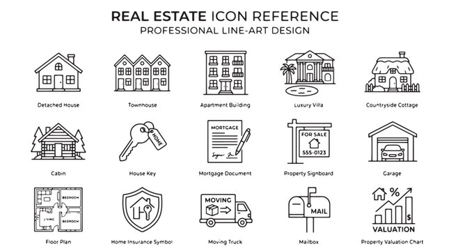 Real Estate Icons, Professional Line Art Design, 20 Property Symbols, Black and White Vector Graphics
