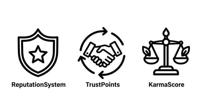 Set of business reputation and trust vector line icons with reputation handshake integrity business corporate reliability commitment fairness partnership agreement customer feedback