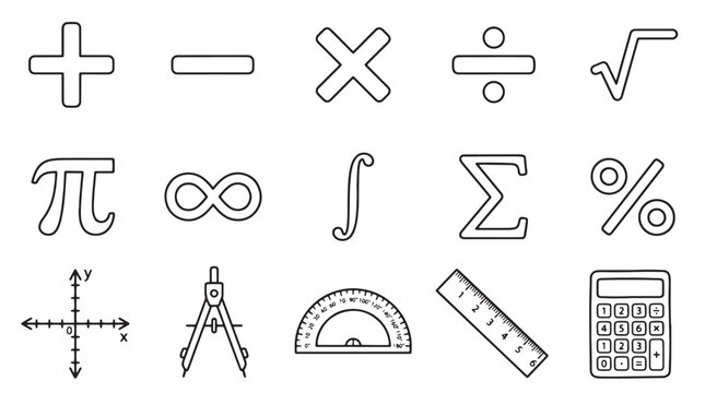 Mathematics, geometry, and calculation icons set, 13 symbols, line style, black and white