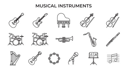 Musical instruments icon set, minimalist black line art vector collection, orchestra and band equipment symbols for music education and apps © Rosie