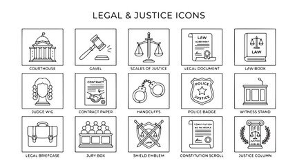 Legal and justice icons set, 15 thin line law vector symbols, courthouse gavel and scales of justice icons, professional attorney and court graphics © Rosie