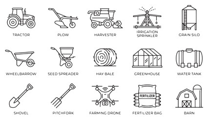 Modern farming icons set, 15 agriculture equipment line vectors, minimalist tractor and harvester machinery illustrations for agribusiness © Rosie