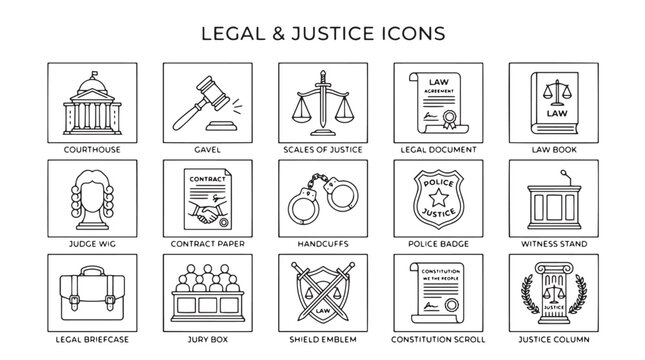Legal and justice icons set, 15 thin line law vector symbols, courthouse gavel and scales of justice icons, professional attorney and court graphics