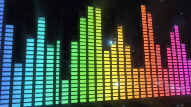 Abstract audio equalizer bars pulse with rainbow colors against a dark background digital motion graphics