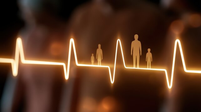emotional conceptual art depicts a glowing heartbeat evolving into a family timeline, incorporating silhouettes of different generations