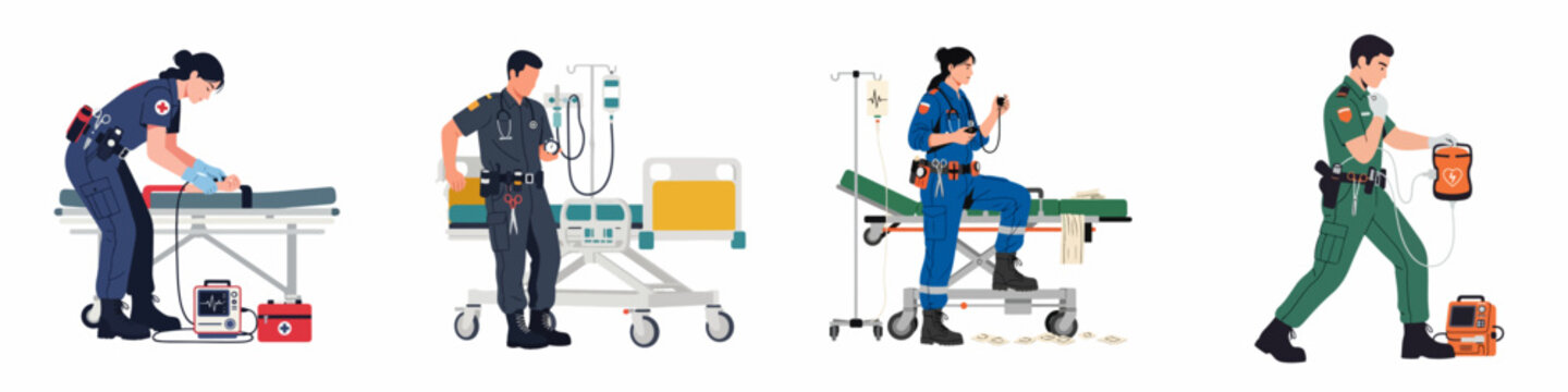 Vector Illustration Set of Paramedics and Emergency Medical Technicians Working with Specialized Life-Saving Equipment on a White Background