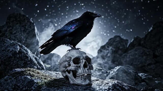 Raven Perched on Human Skull at Night - A detailed video of a black raven perched on a weathered human skull in a dark, rocky landscape under a starry night sky.
