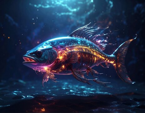 Luminescent, bioluminescent fish swims in a dark, ethereal deep sea scene
