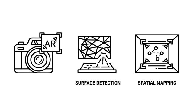 Augmented reality camera surface detection spatial mapping icons with augmented detection technology interaction interface innovation software environment tracking computing development