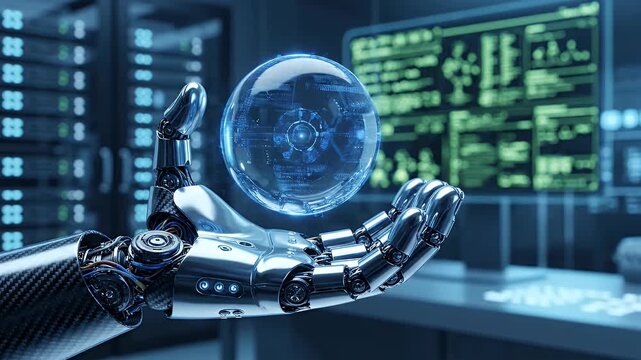 Robotic Hand Holding Holographic Sphere in High-Tech Laboratory - A detailed robotic hand, constructed with carbon fiber and metallic elements, cradles a glowing blue holographic sphere filled with