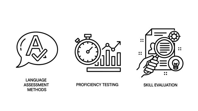Business and educational assessment icons set illustrating language methods proficiency testing skill evaluation with assessment proficiency evaluation language education analysis learning