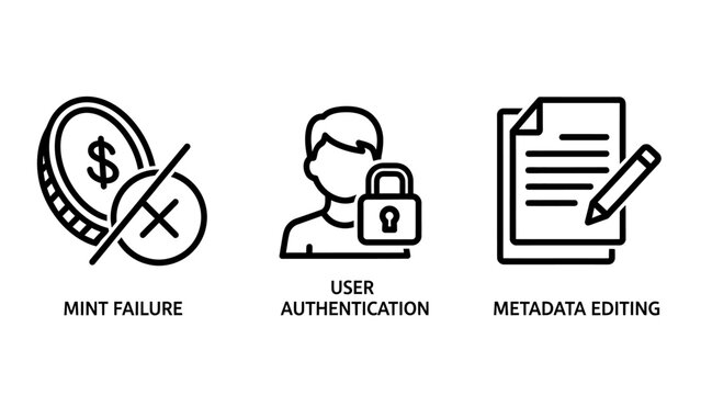 Digital asset and user management icons featuring mint failure user authentication metadata editing authentication metadata security blockchain identity verification document protection