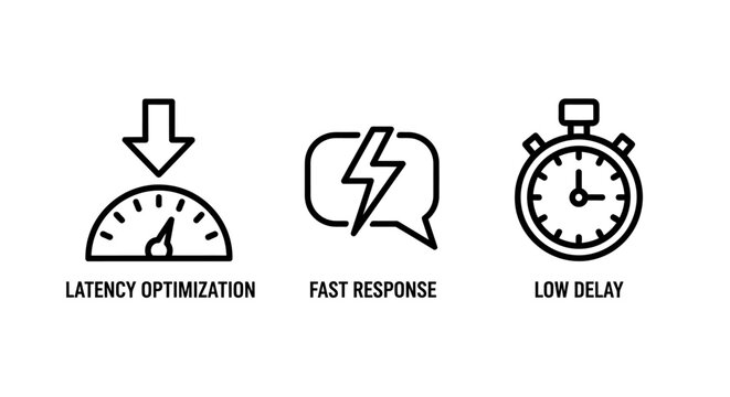 Technical performance icons set depicting latency optimization fast response low delay concepts optimization response performance technology connection measurement internet communication