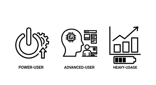 Set of technology user profile icons featuring power user advanced user and heavy usage advanced technology computing performance processor software development efficiency expertise hardware