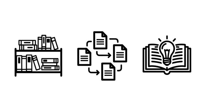Library bookshelf information flow and knowledge sharing icons with bookshelf information knowledge learning education research document management innovation intelligence database academic