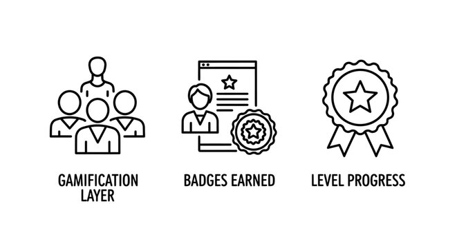 Gamification and user progress achievement icons with gamification progress achievement interface motivation minimalist infographic application engagement feedback interactive software