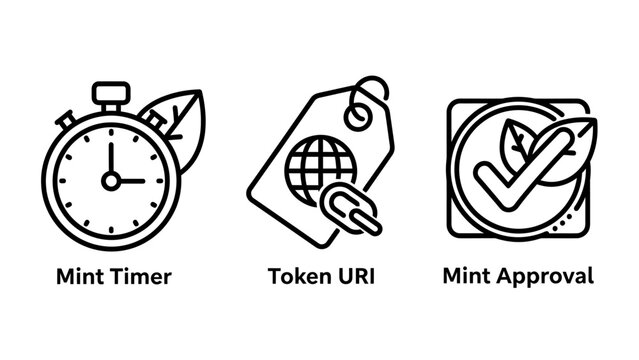 Blockchain nft minting process and token uri icons with blockchain approval technology currency decentralized contract certificate validation database information protocol verification