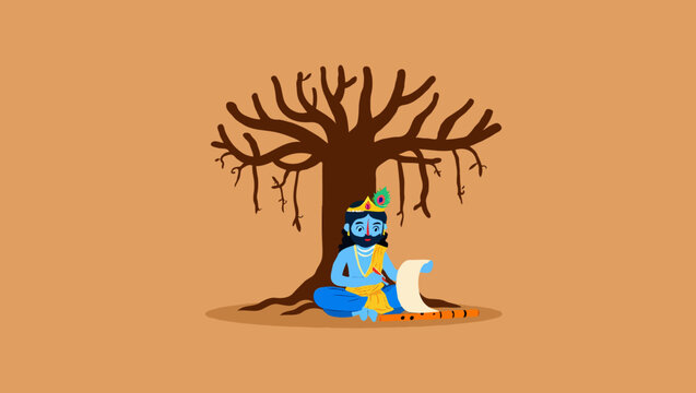 Lord krishna sitting under a tree reading scriptures, a spiritual concept