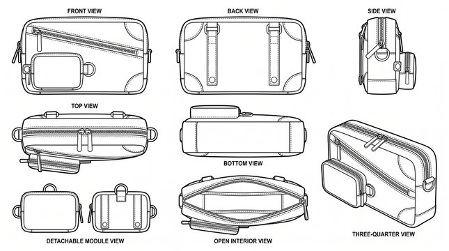 Shoulder Bag Technical Sketch Flat Vector Illustration with Detachable Module and Multiple Views for Fashion Design