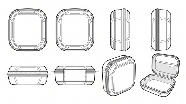 Technical Drawing of Hard Shell Protective Carrying Case Flat Sketch Vector Illustration for Travel Gadget Organizer Bag