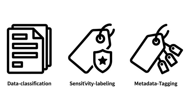 Data management and security labeling icons with classification labeling security metadata information documents business technology management confidential protection organization